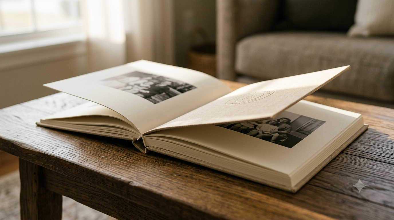 A Story hardcover keepsake book on a table